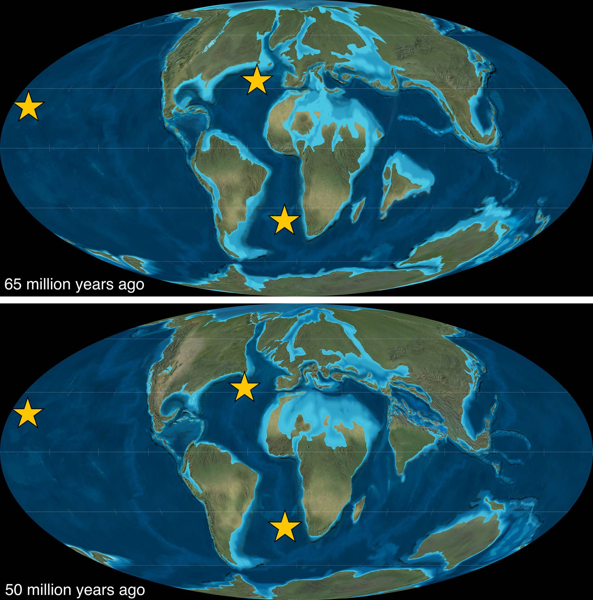 paleomap comparison 65 million years ago vs 50 million years ago