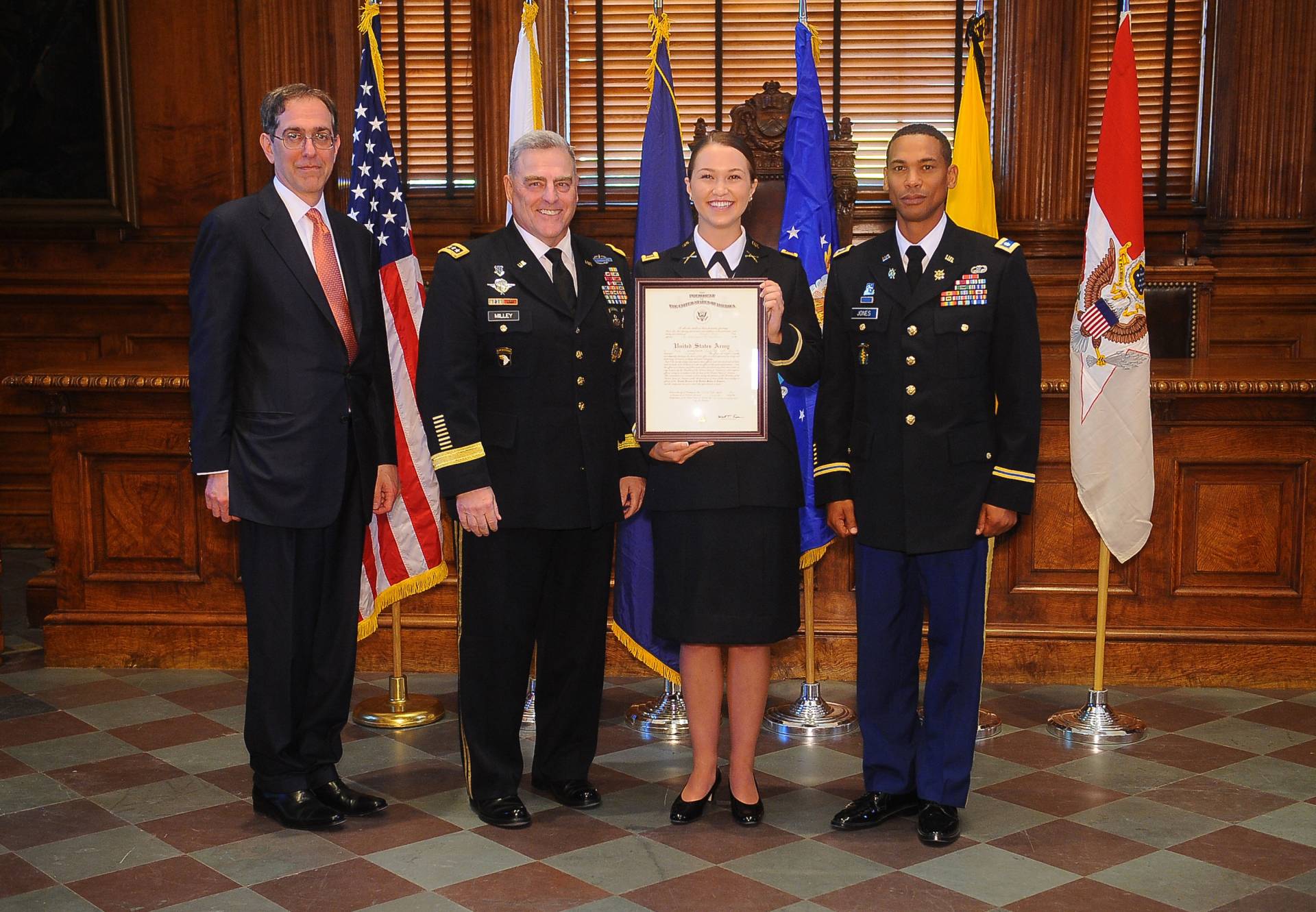 Princeton University President Christopher L. Eisgruber, Gen. Milley and Lt. Col. Courtney Jones, director of the Army Officer Education Program for Princeton’s Army ROTC Tiger Battalion