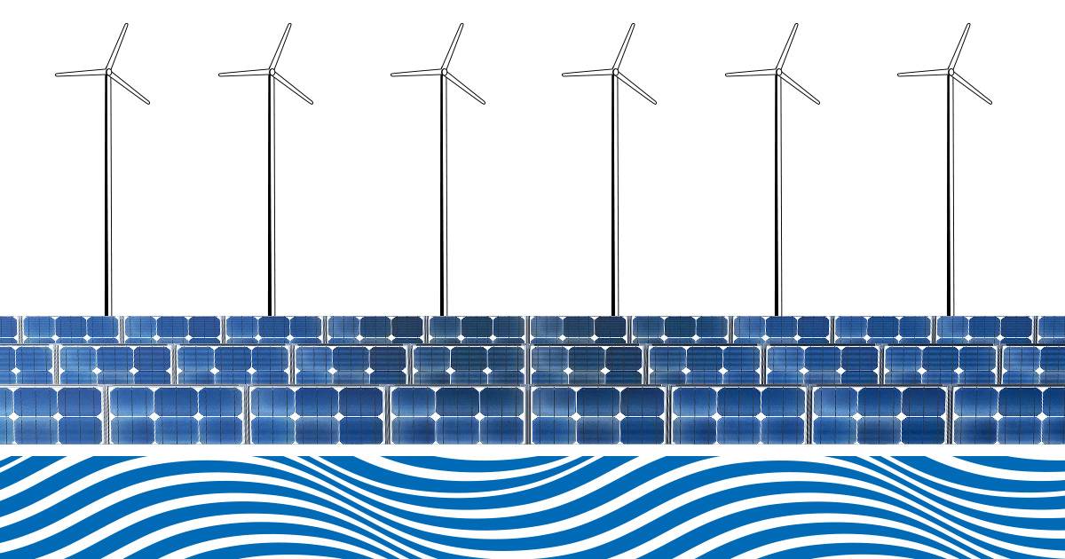 Wind turbines, solar panels and waves