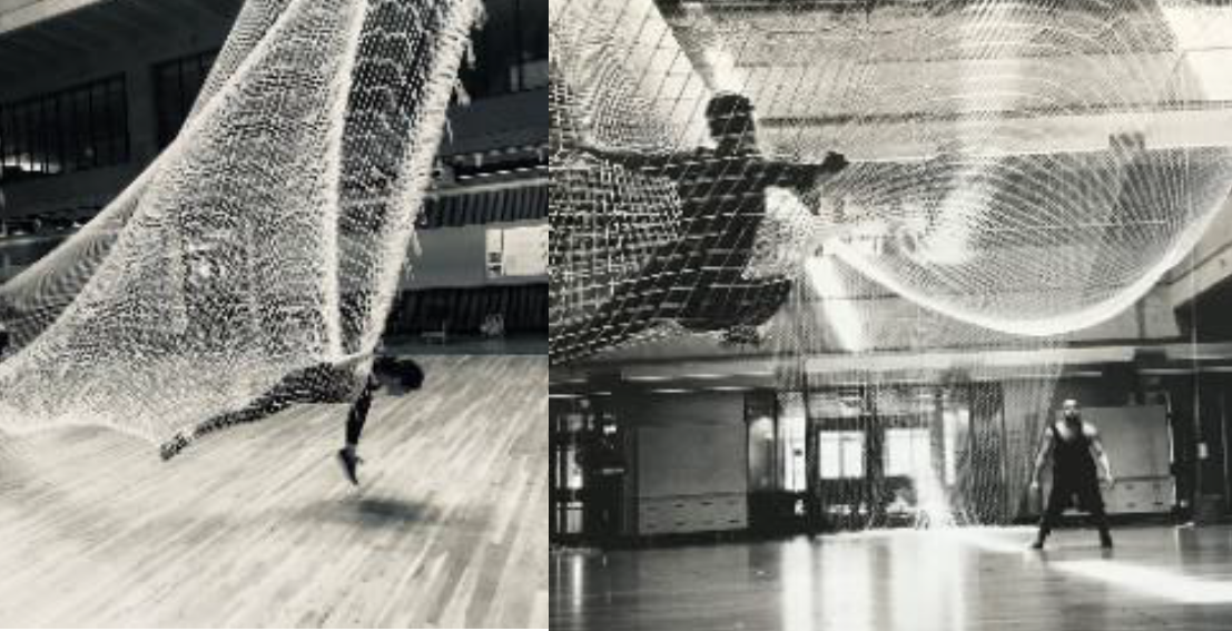 Silhouettes of dancers in net structures