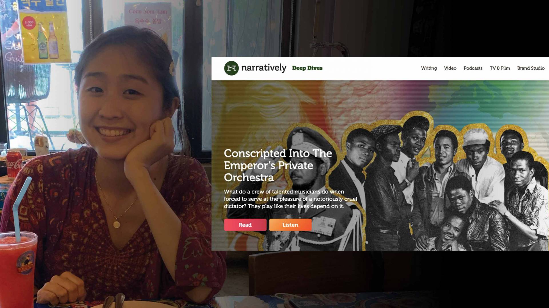 Jimin Kang and a scheetshot of her editorial work at Narratively
