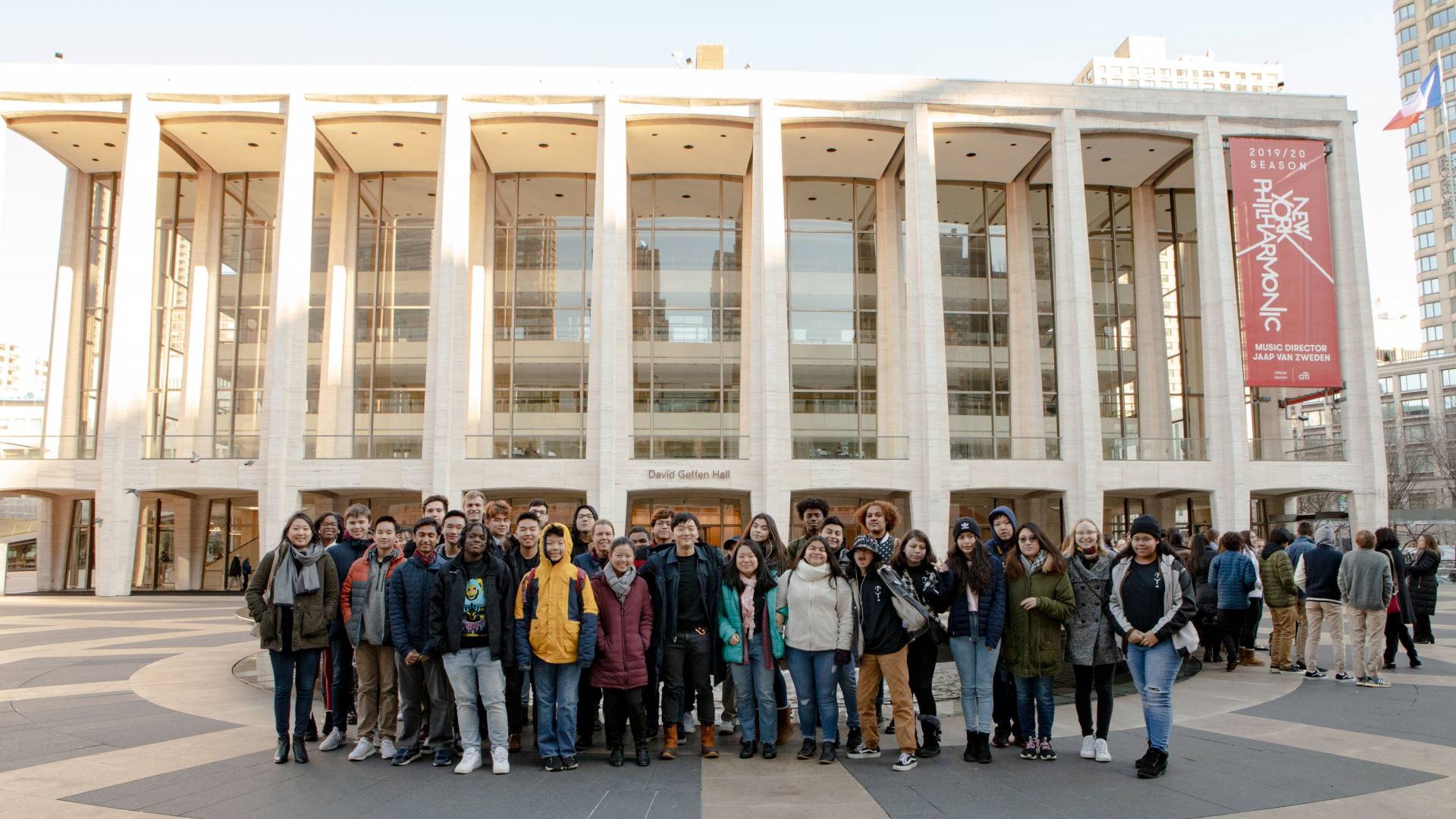 Trenton Arts Program participants pose in front of David Geffen Center in New York City
