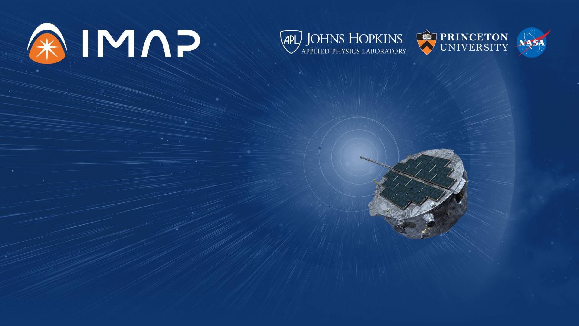 Space vehicle with IMAP, Johns Hopkins Applied Physic Laboratory, Princeton University, NASA logos superimposed