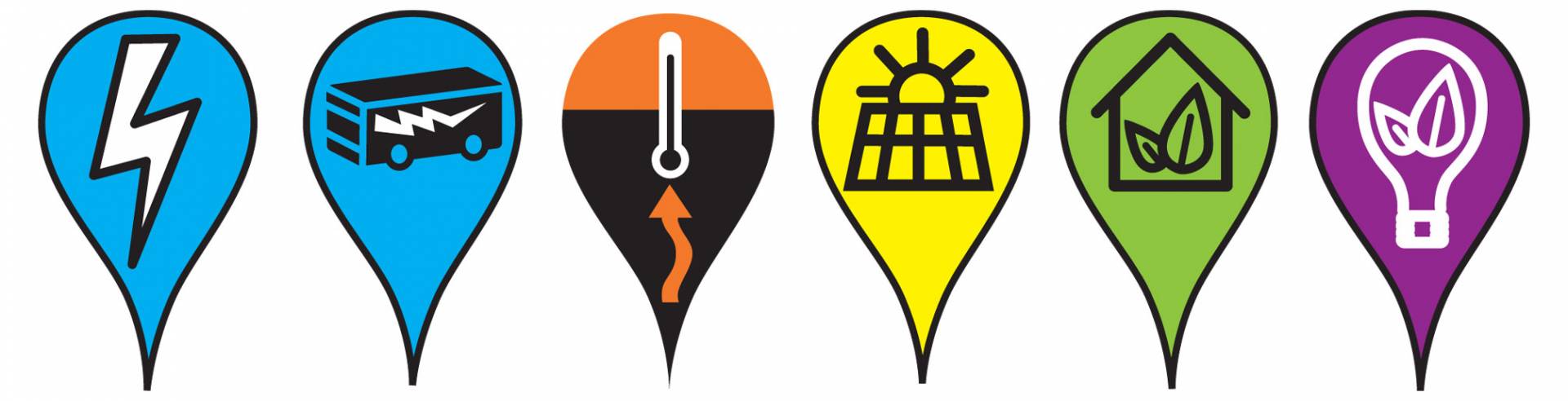 Mapmarkers with lightning, an electrified bus, a thermometer, solar panel, a house with leaves, a light bulb with a leaf inside