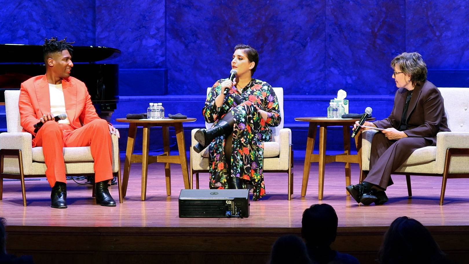 Jon Batiste, Suleika Jaouad, and Deborah Amos in conversation on stage at Alexander Hall