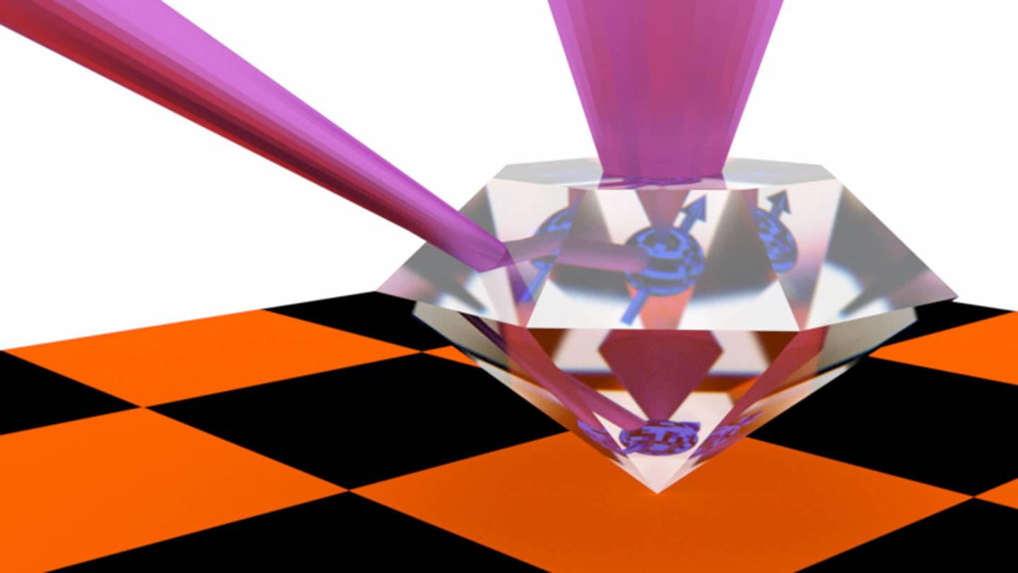 Graphic showing quantum information being retransmitted through a diamond