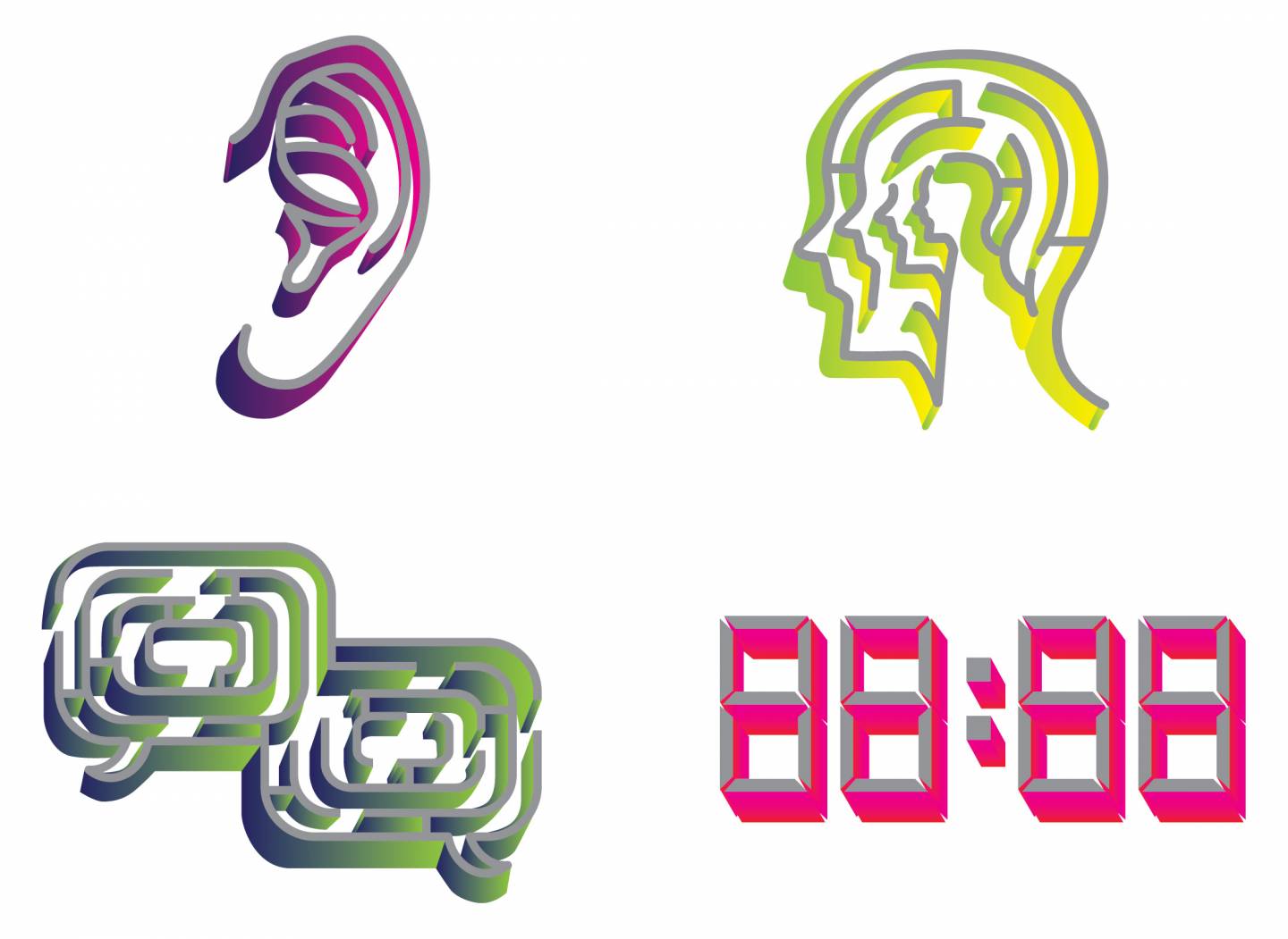 Maze-like icons of an ear, head, dialogue balloons, and clock