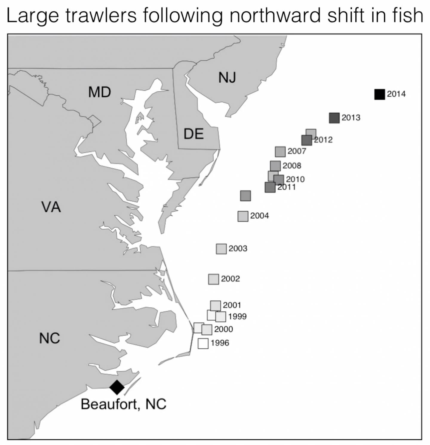 A map of the eastern coast of the United States showing where fishing boats from Beaufort, NC are fishing