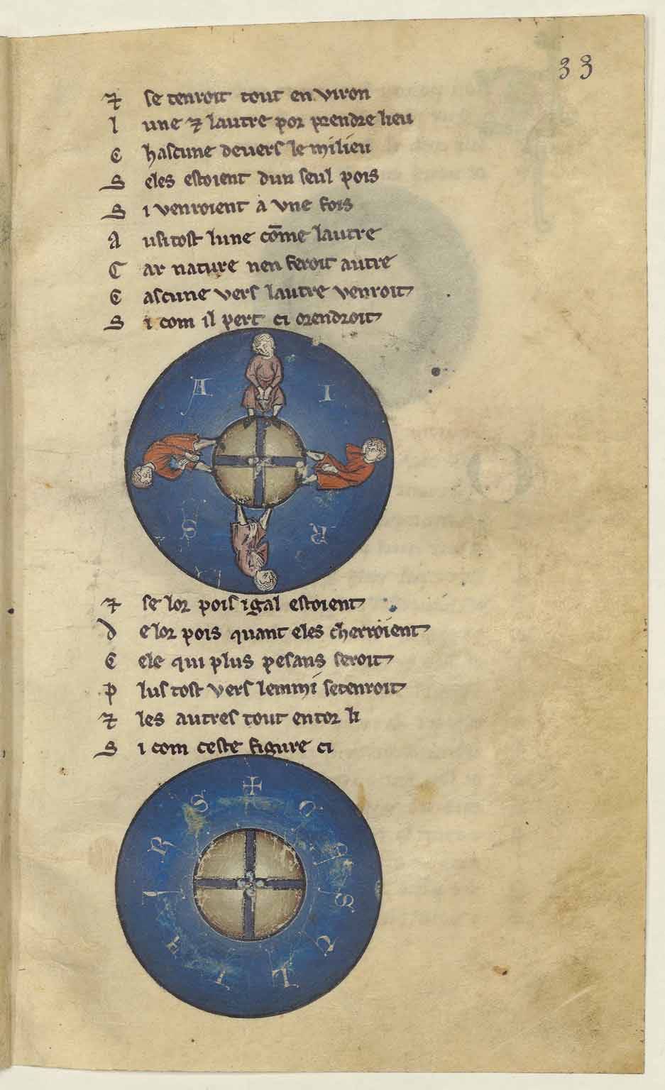 Page from a Medieval illustrated manuscript; a blue circle with four figures and a shield between them in the first, a blue circle with a shield with a cross and symbols around the shield