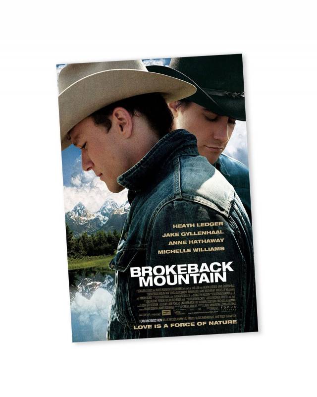 Movie poster of "Brokeback Mountain" with profiles of 2 cowboys