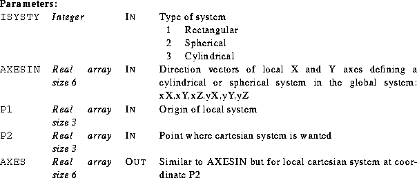 \begin{parameters}
\param{ISYSTY}{Integer}{In}{Type of system}
\param{}{}{}{\beg...
 ...milar to AXESIN but for local cartesian system at coordinate P2}\end{parameters}