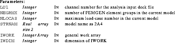 \begin{parameters}
\param{LU1}{Integer}{In}{channel number for the analysis inpu...
 ...neral work array}
\param{IWDIM}{Integer}{In}{dimension of IWORK}\end{parameters}