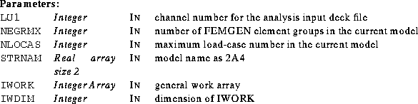 \begin{parameters}
\param{LU1}{Integer}{In}{channel number for the analysis inpu...
 ...neral work array}
\param{IWDIM}{Integer}{In}{dimension of IWORK}\end{parameters}
