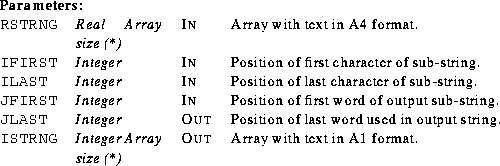 \begin{parameters}
\param{RSTRNG}{Real Array size (*)}{In}{Array with text in A4...
 ...RNG}{Integer Array size (*)}{Out}{Array with text in A1 format.}\end{parameters}