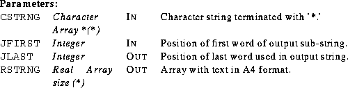 \begin{parameters}
\param{CSTRNG}{Character Array *(*)}{In}{Character string ter...
 ...RSTRNG}{Real Array size (*)}{Out}{Array with text in A4 format.}\end{parameters}