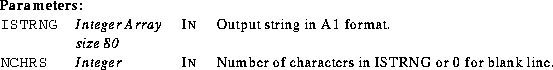 \begin{parameters}
\param{ISTRNG}{Integer Array size 80}{In}{Output string in A1...
 ...nteger}{In}{Number of characters in ISTRNG or 0 for blank line.}\end{parameters}