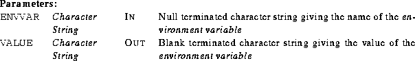 \begin{parameters}
\param{ENVVAR}{Character String}{In}{Null terminated characte...
 ...cter string giving
 the value of the {\em environment variable}}\end{parameters}