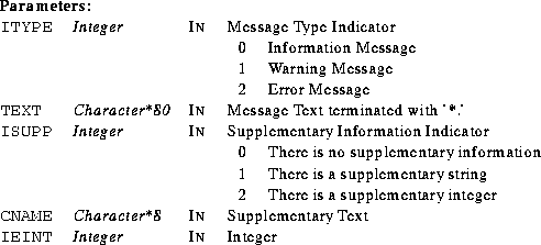 \begin{parameters}
\param{ITYPE}{Integer}{In}{Message Type Indicator} 
\param{}{...
 ...r*8}{In}{Supplementary Text}
\param{IEINT}{Integer}{In}{Integer}\end{parameters}