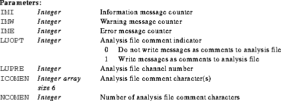 \begin{parameters}
\param{IMI}{Integer}{}{Information message counter} 
\param{I...
 ...{NCOMEN}{Integer}{}{Number of analysis file comment characters} \end{parameters}