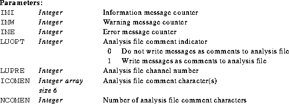 \begin{parameters}
\param{IMI}{Integer}{}{Information message counter} 
\param{I...
 ...{NCOMEN}{Integer}{}{Number of analysis file comment characters} \end{parameters}
