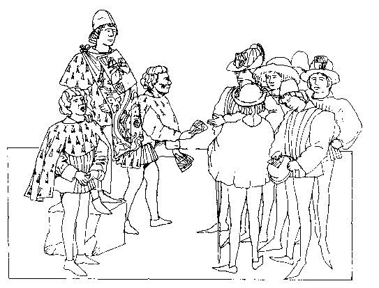[Hereafter is shown the way and 
manner in which the king of arms, with the cloth of gold on his shoulder and the two captains 
and the arms of the judges painted at the four corners of the parchment, cries the tourney, and 
how the pursuivants give a little shield with the arms of the judges to all who wish to take 
part.]