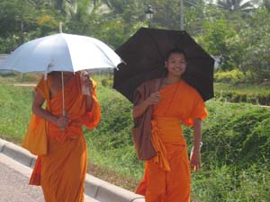 Monks carry umbrellas in Laos