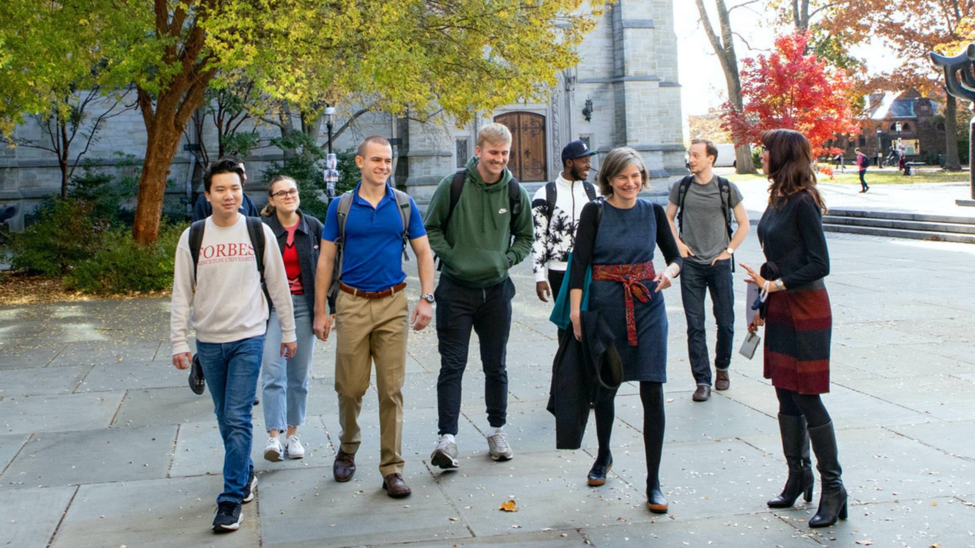 Students and professors walking across campus