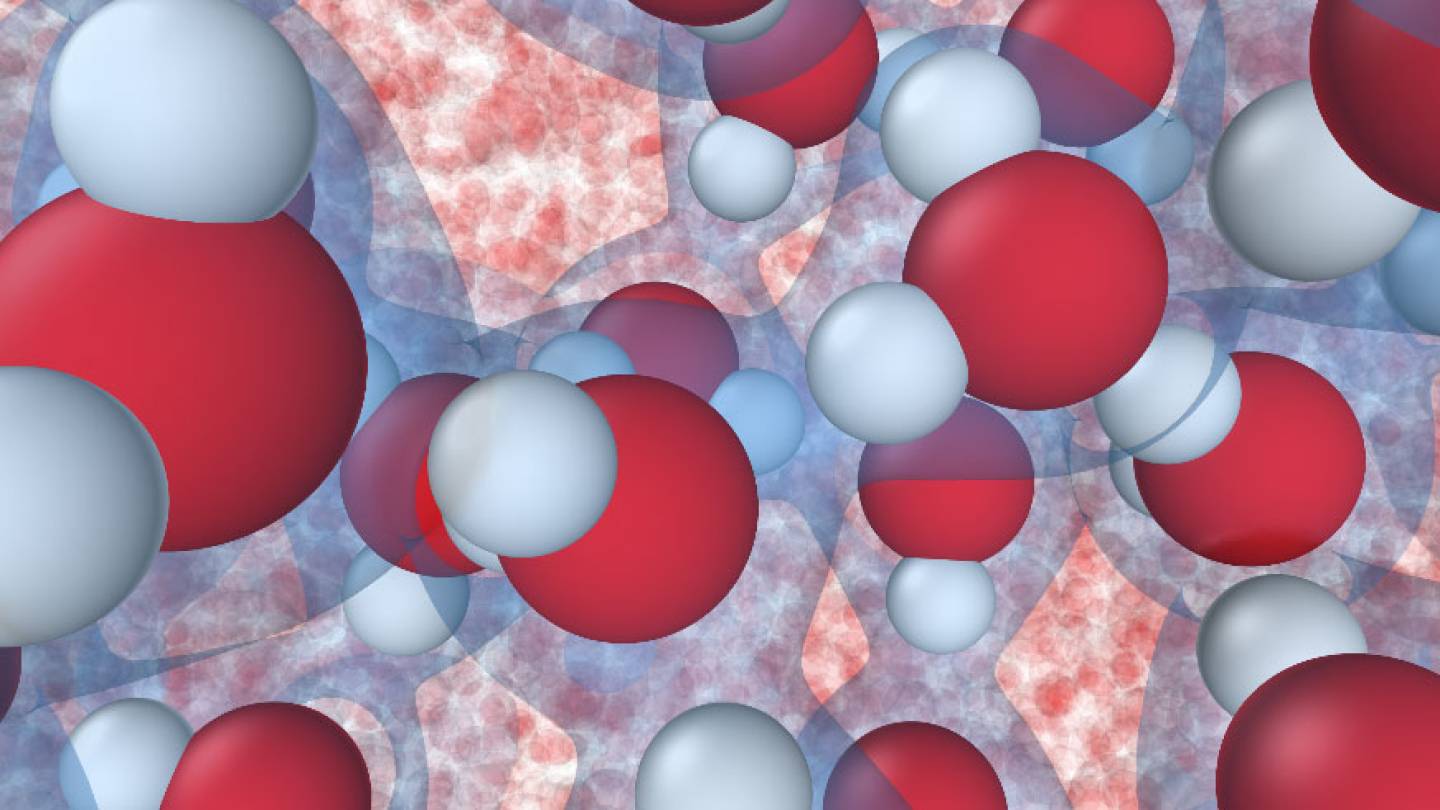 simulation of water molecules turning into ice