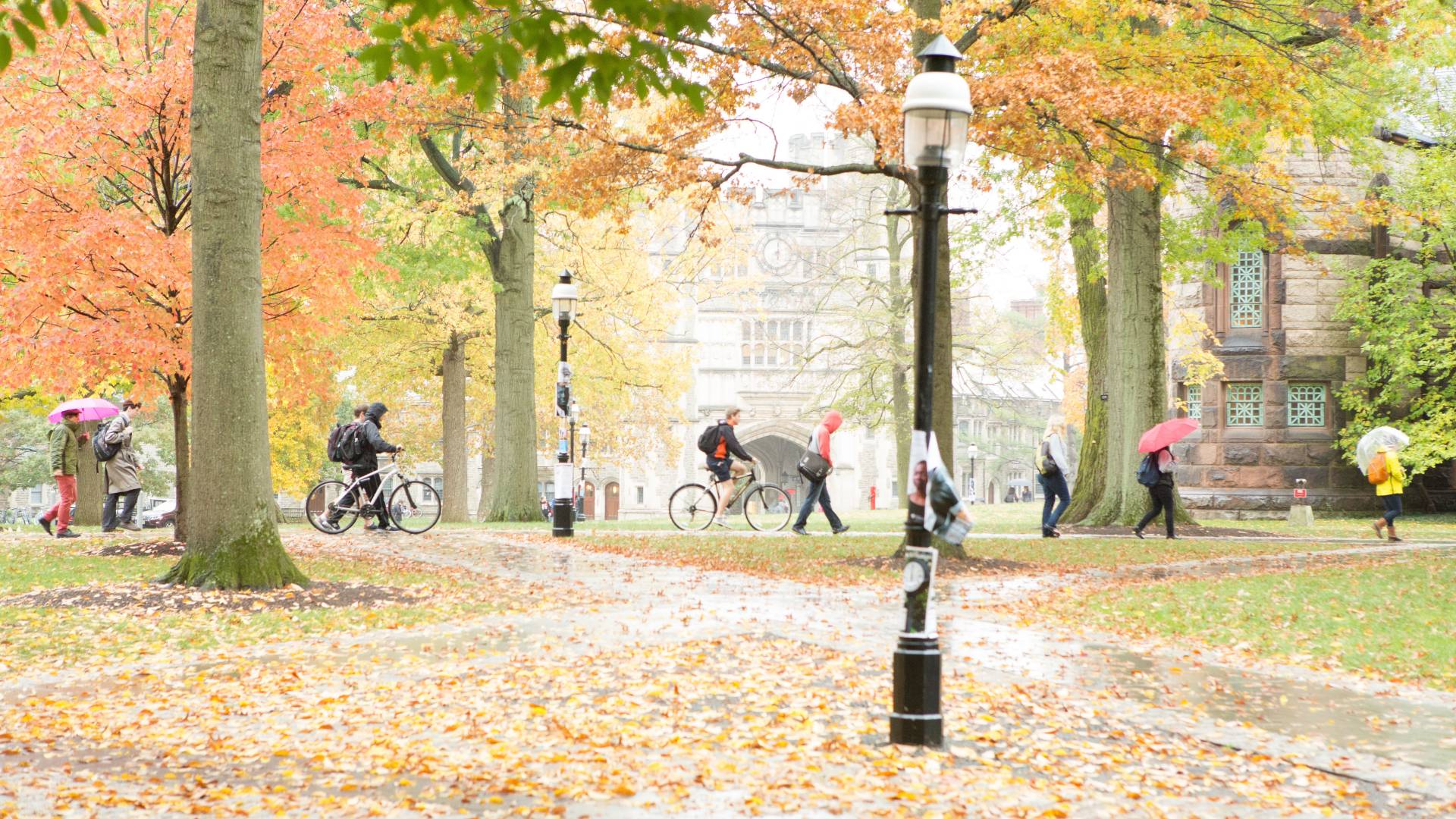 People walking across campus in autumn