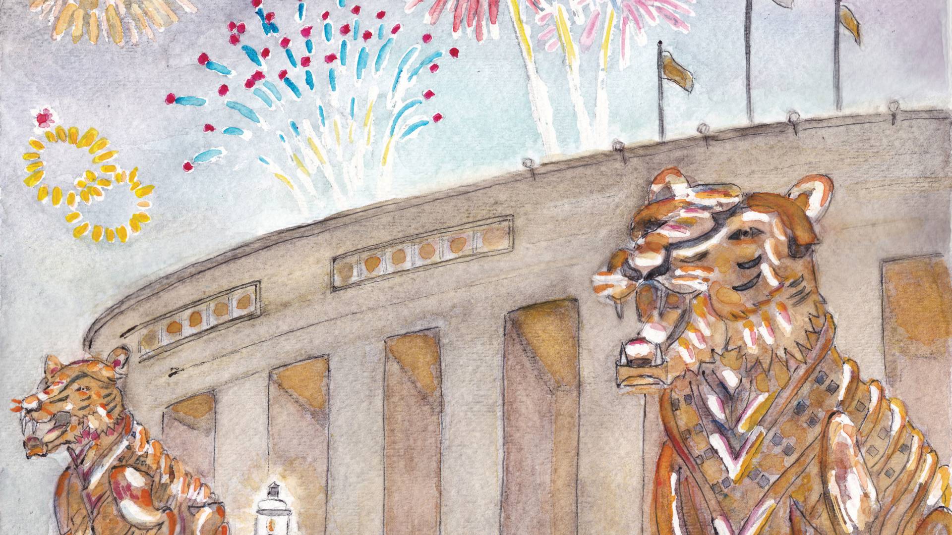 Watercolor of tigers outside Palmer Stadium with fireworks