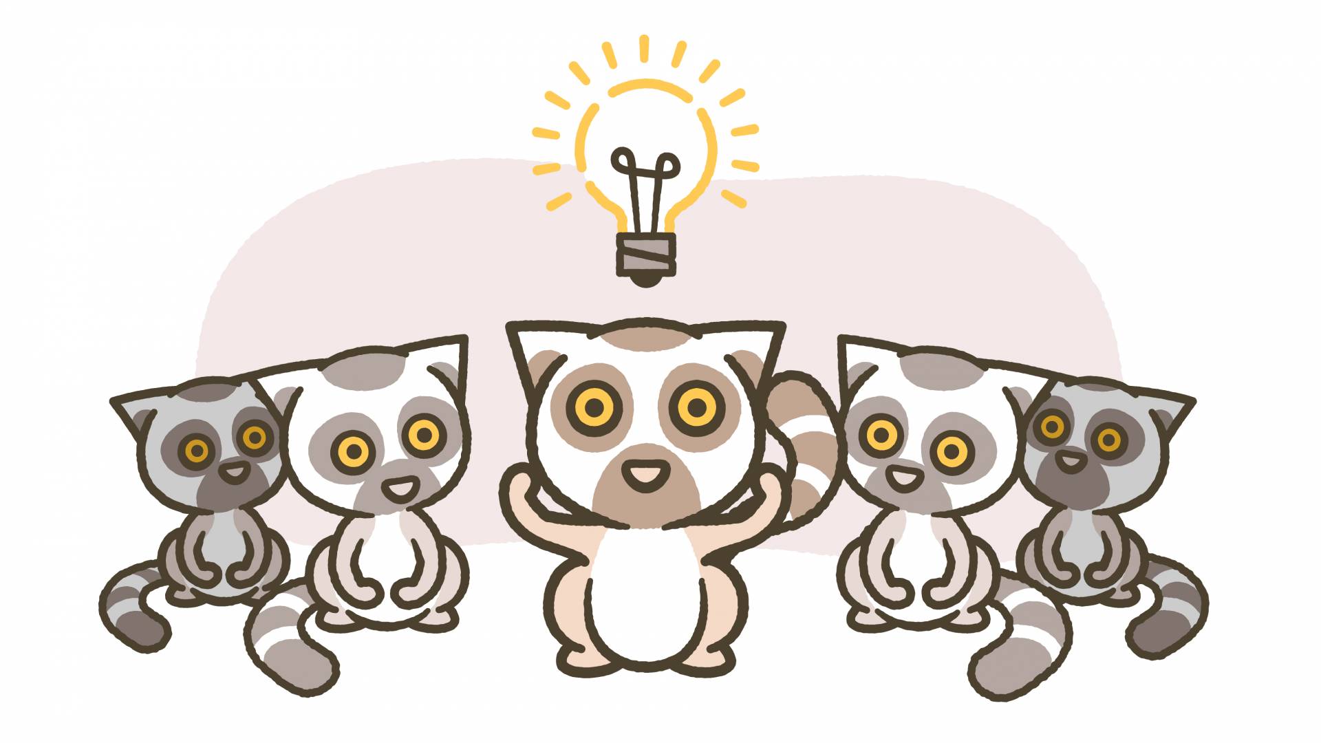 One lemur with a lightbulb over its head while other lemurs look on