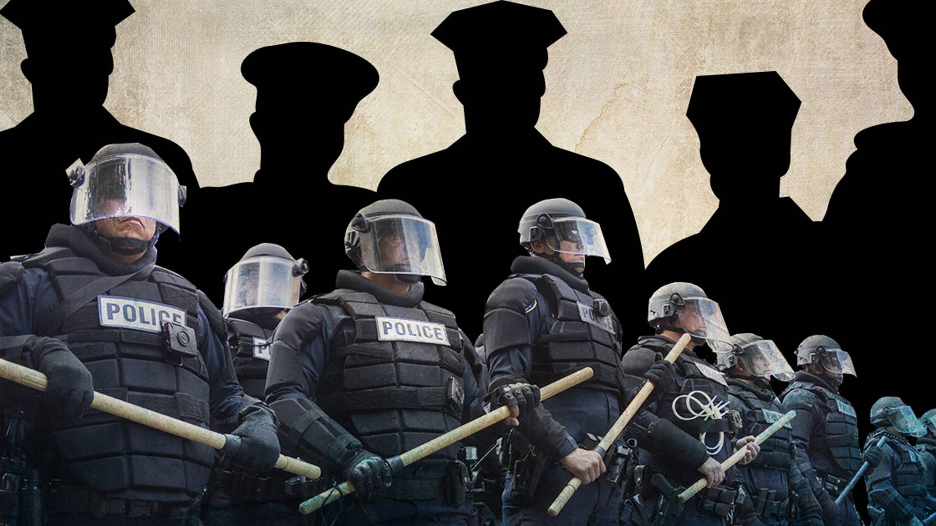 Riot police stand in front of silhouettes in police uniform