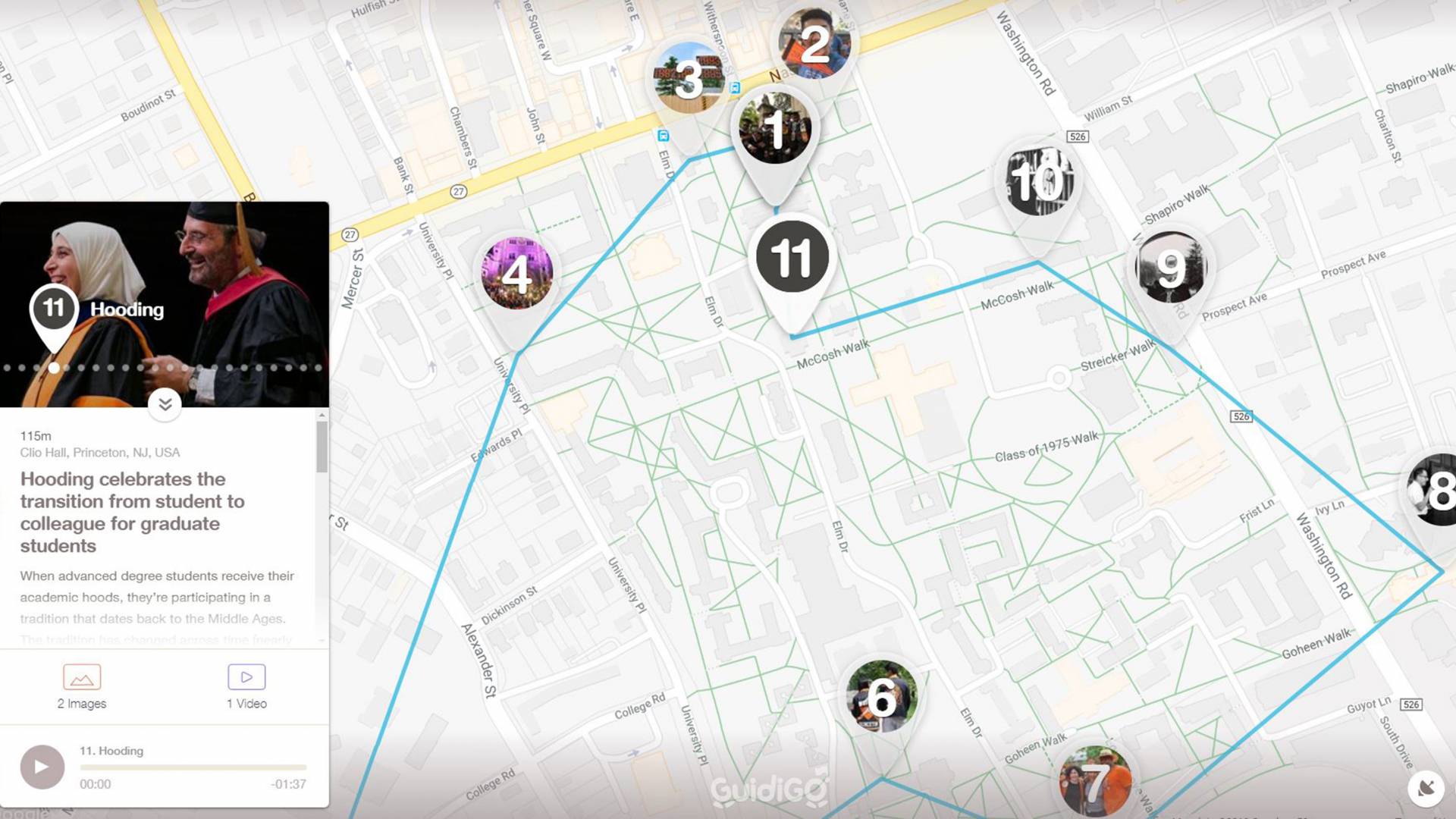 Screenshot of map with markers for Traditions walking tour