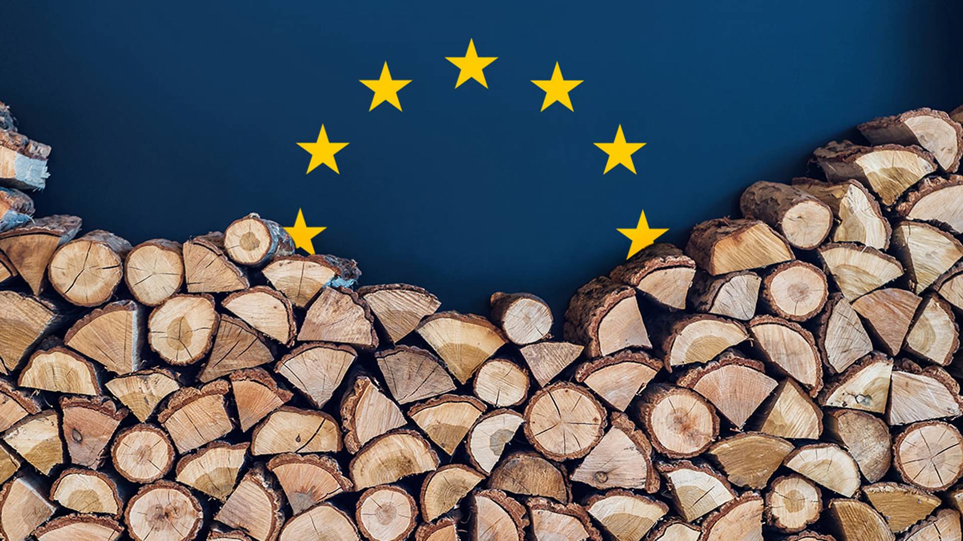 Chopped wood in a pile in front of the flag of Europe