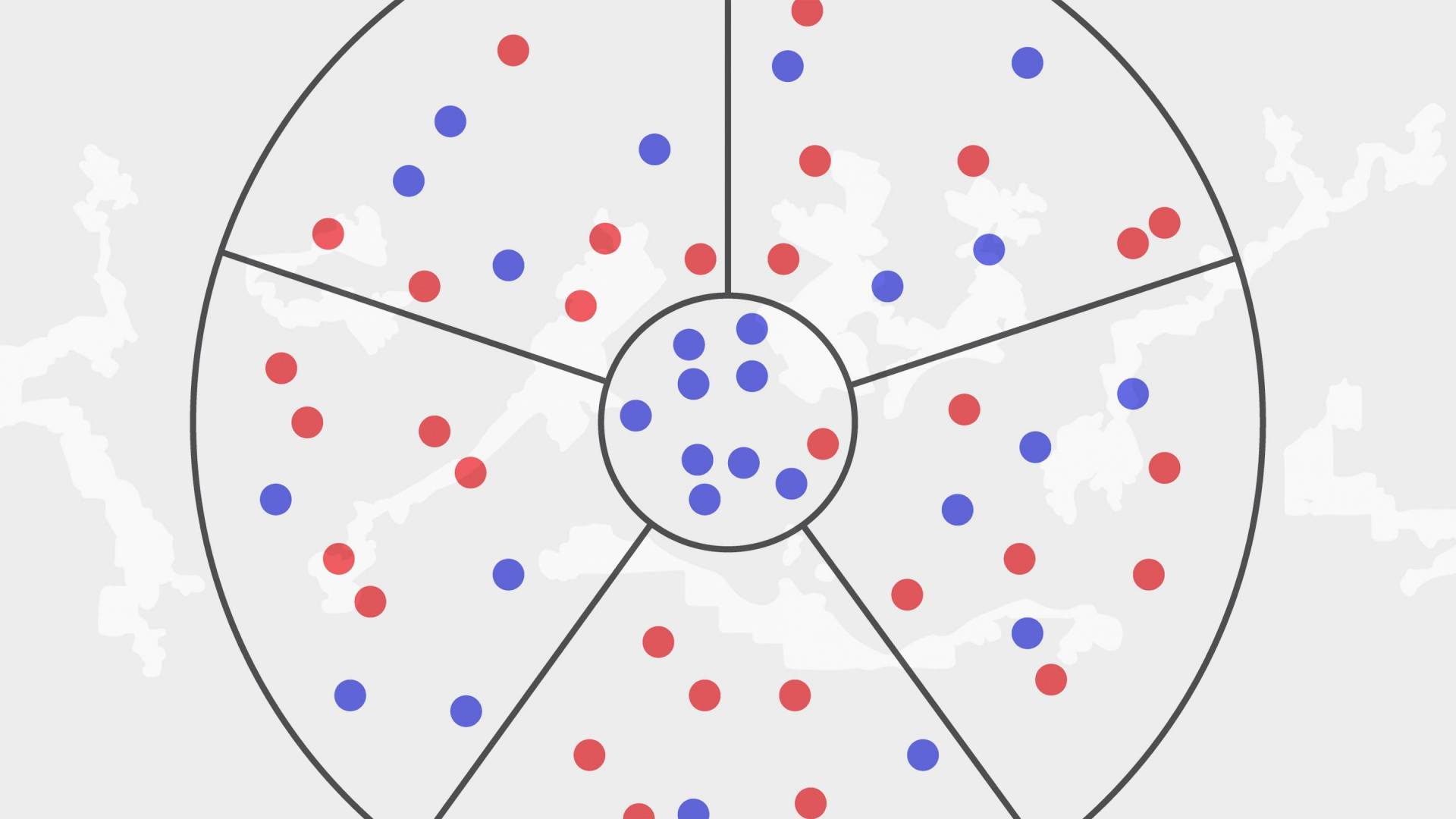 Graphic of red and blue dots being divided by lines