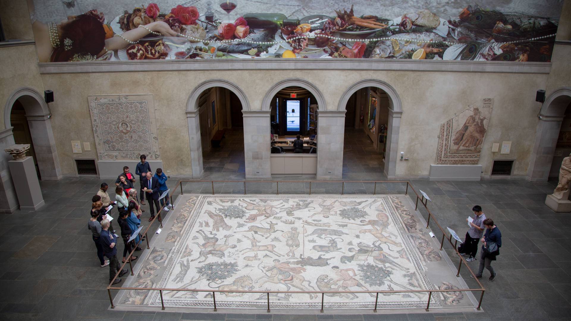 Aerial view of large mosaic and wall painting at Worcester Art Museum
