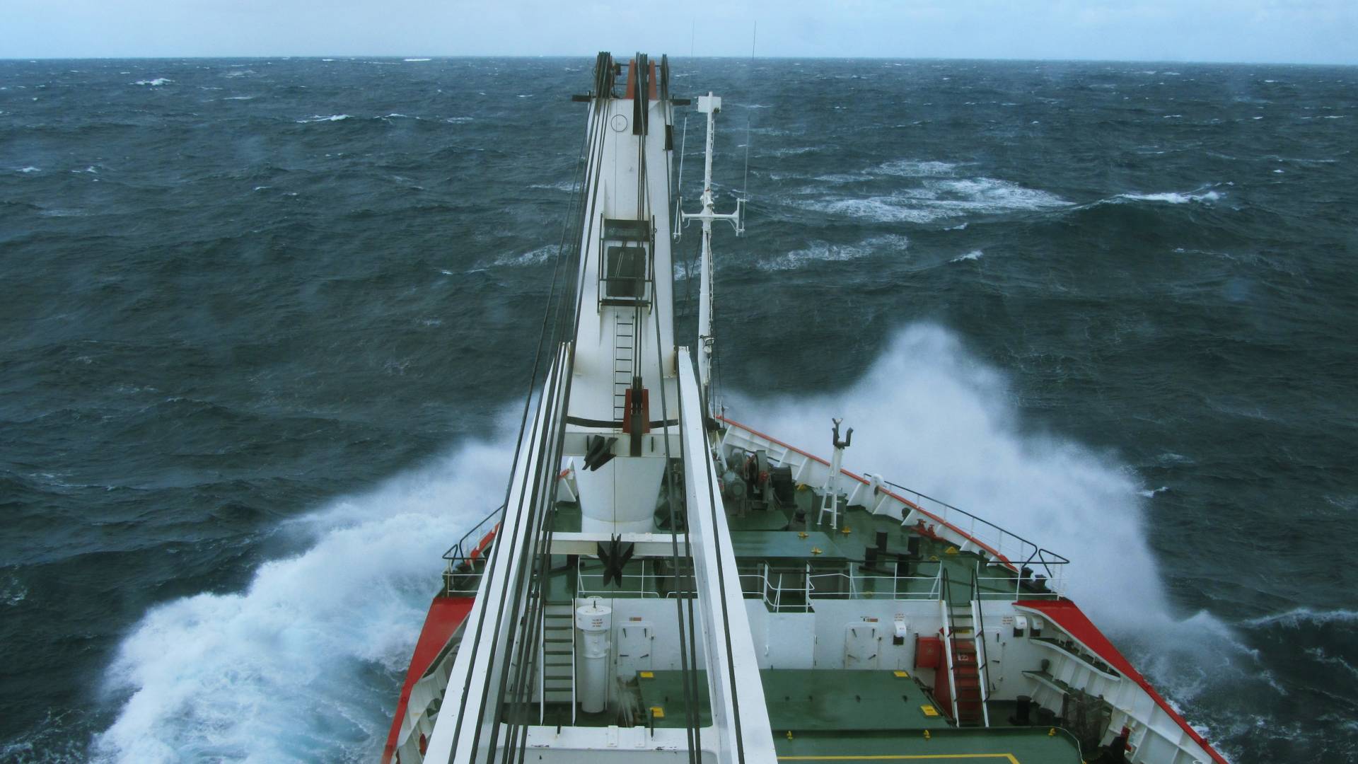 A research vessel plows through choppy water off the coast of South Africa