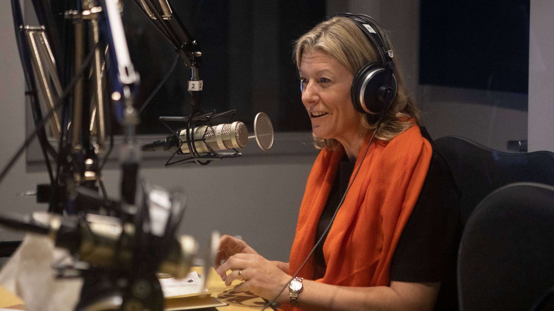 Laura Trevelyen recording podcast