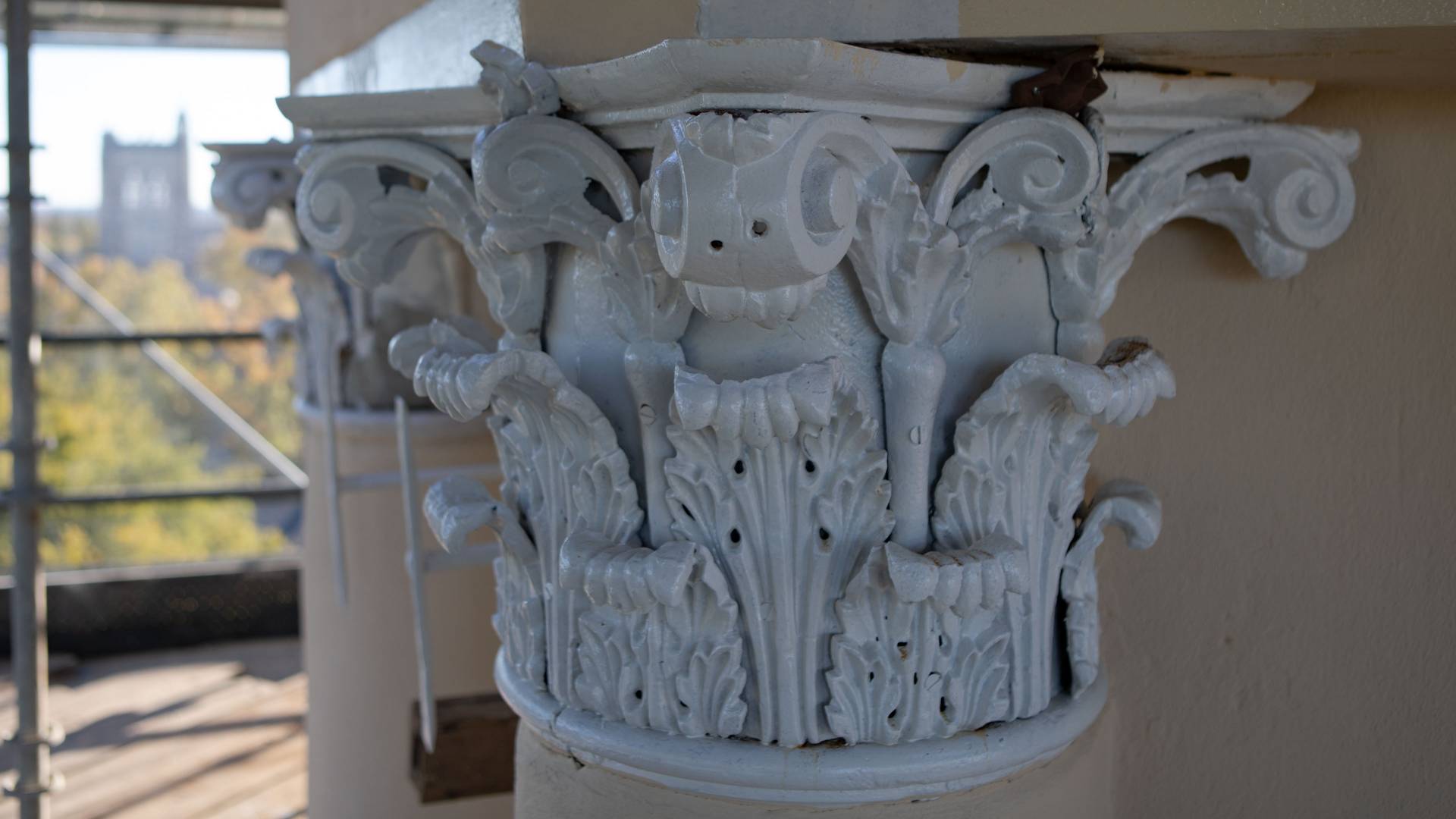 Newly restored and painted decorative top of column in Nassau Hall cupola