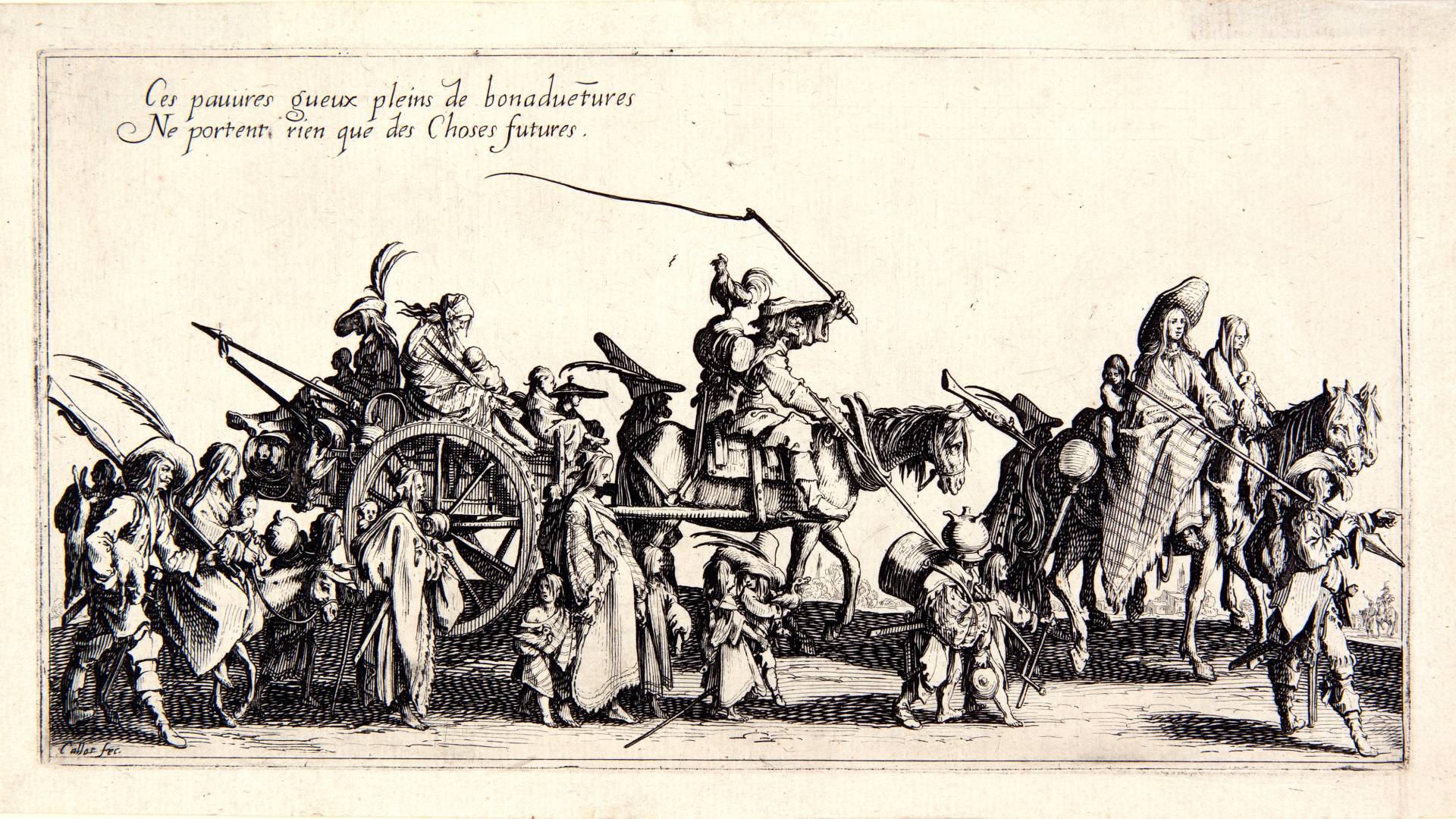 Etching of 17th century caravan of men, women, and children on foot, horseback, and wagon