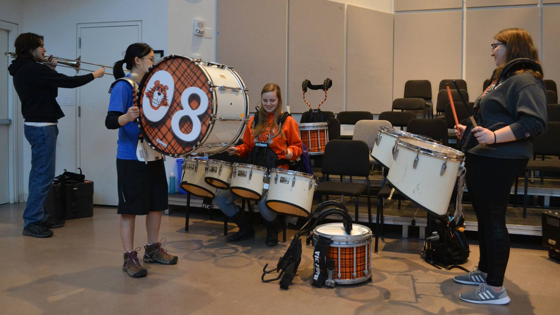 Students at the drums during Learn to Play an Instrument with the Band class