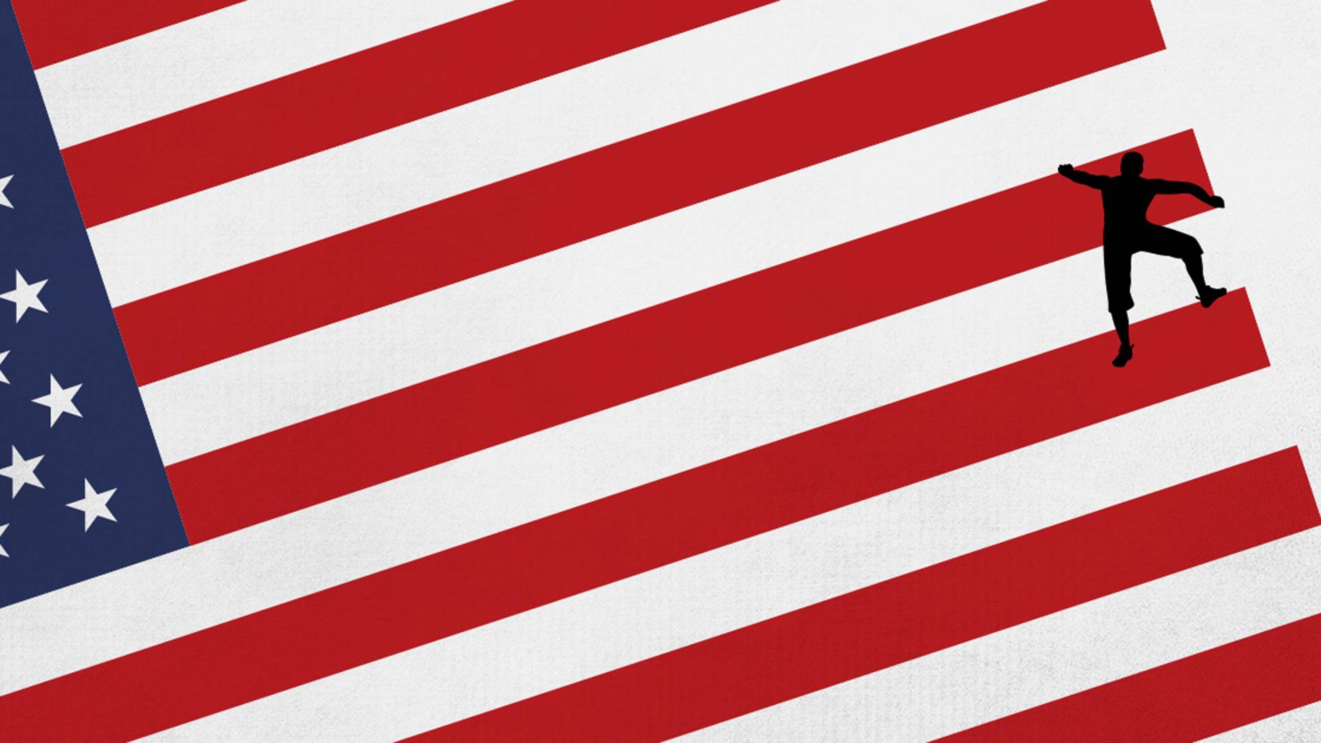 A silhouetted person climbing up the stripes of the American Flag