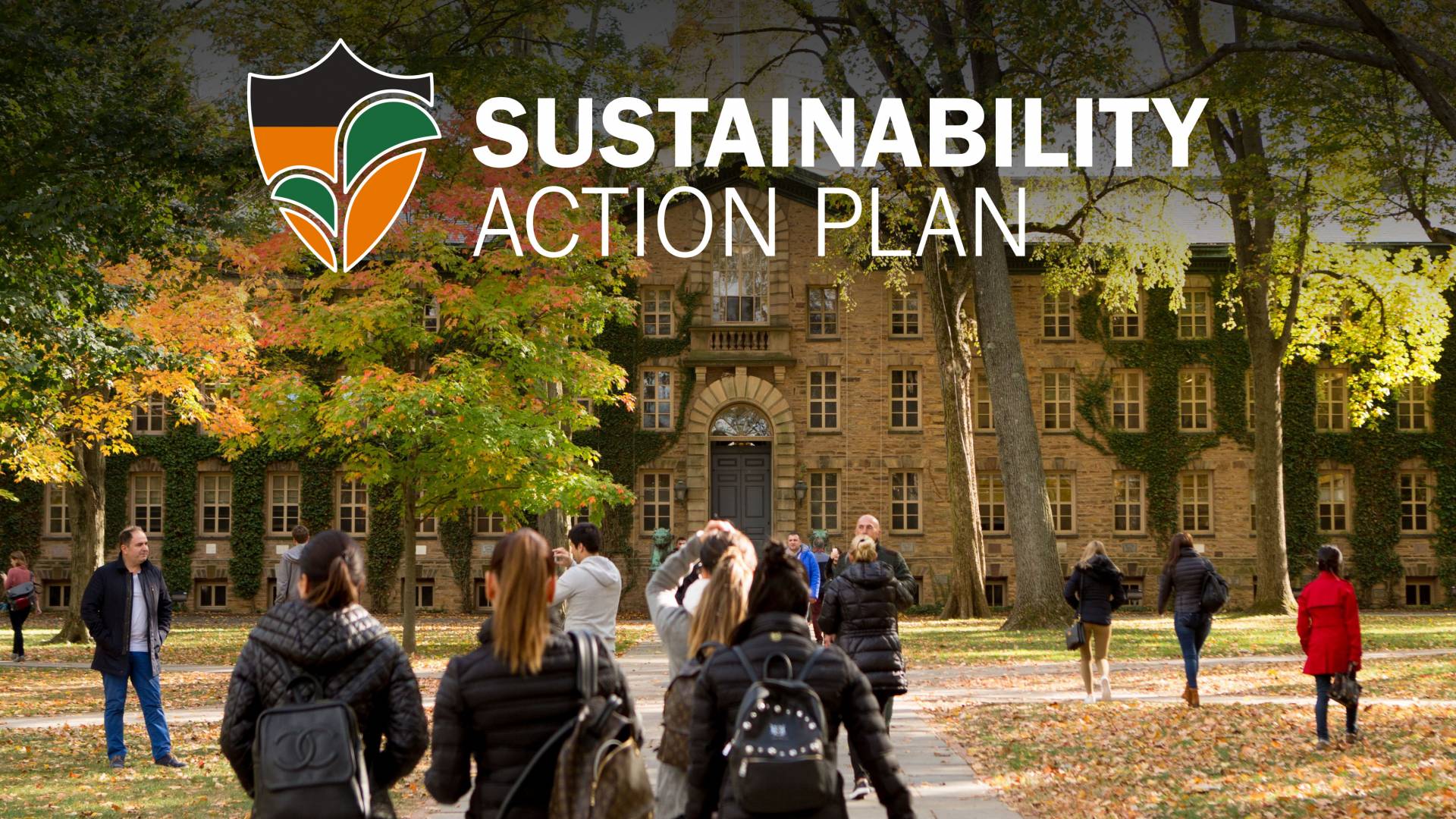 Photo of Nassau Hall with the words Sustainability Action Plan overlaid on it