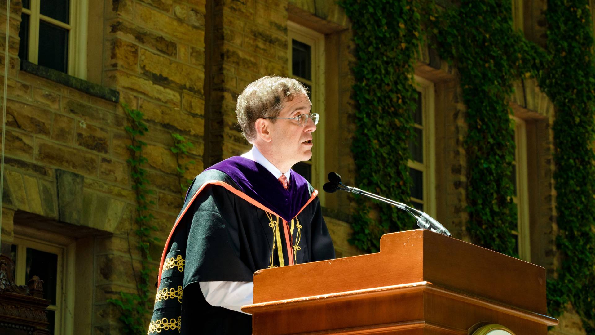 President Christopher L. Eisgruber speaks on a stage at Commencement 2019