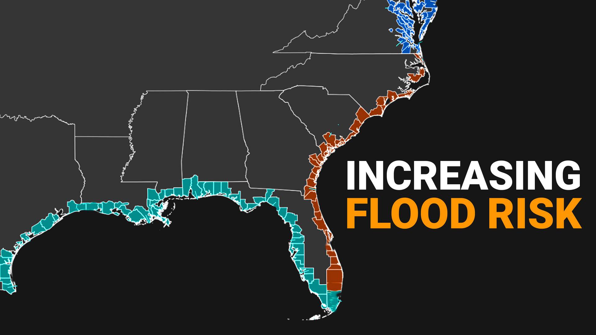 increased flood risk map with ocean-facing counties highlighted