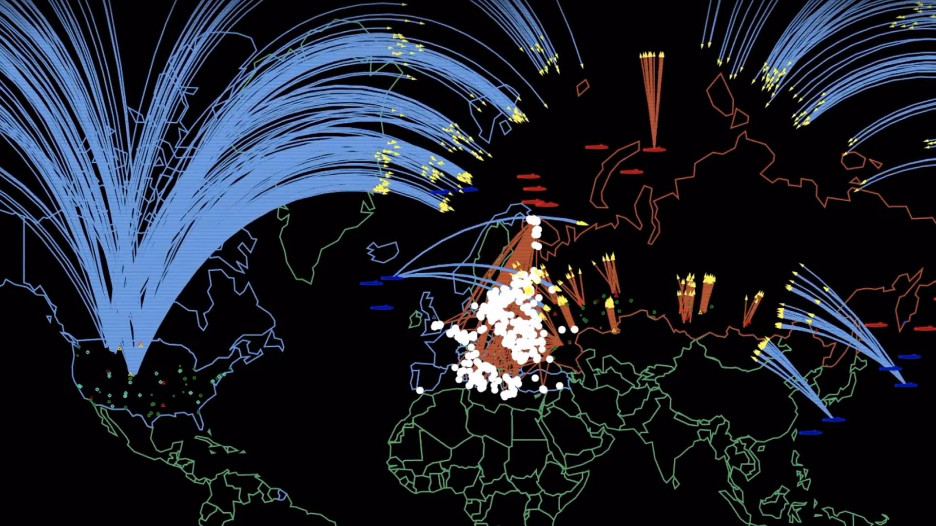 Video still of map with lines depicting nuclear war