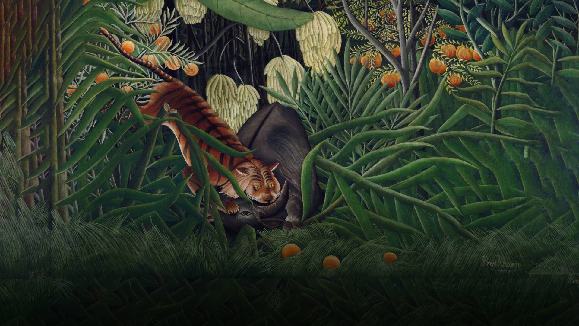 A tiger, buffalo, banana tree, peach tree, and ferns appear in a Henri Rousseau painting