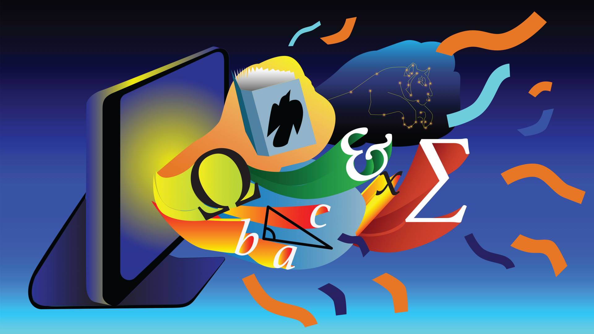 mathematical symbols and books come out of a computer monitor