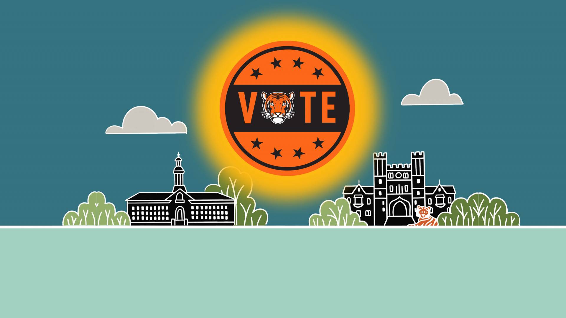 illustration of orange vote button rising like the sun in a campus landscape