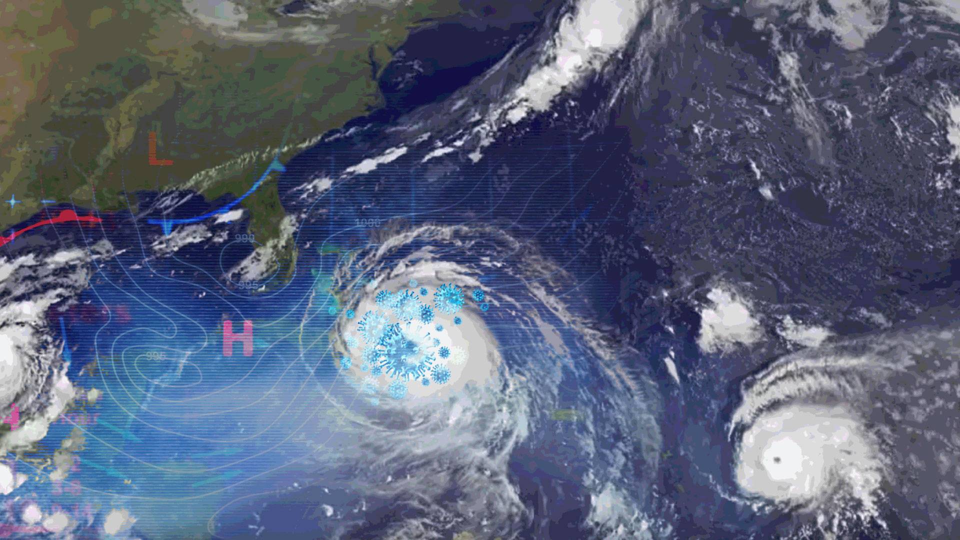 Illustration of weather satellite imagery of a hurricane with COVID virus forms